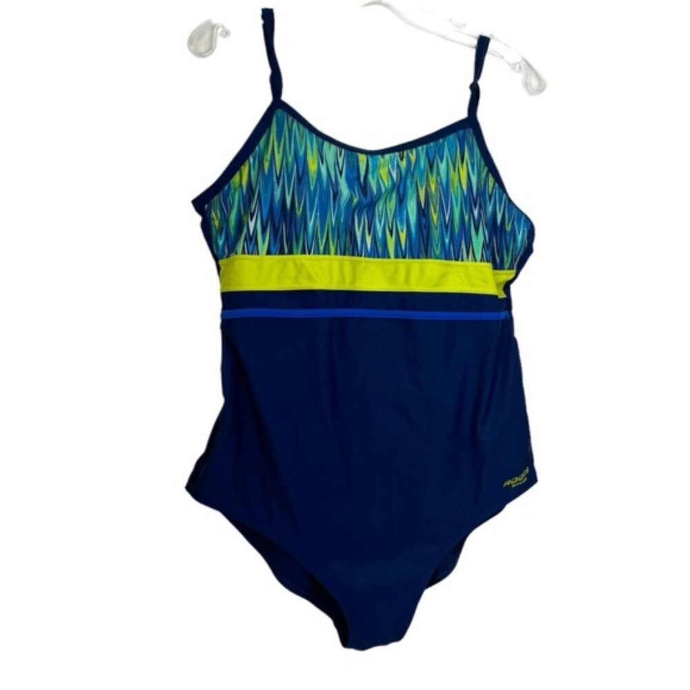 ROOTS 1 Peice Swim Suit Colorblock Cross Back Logo  Straps Padded Bra Support 14